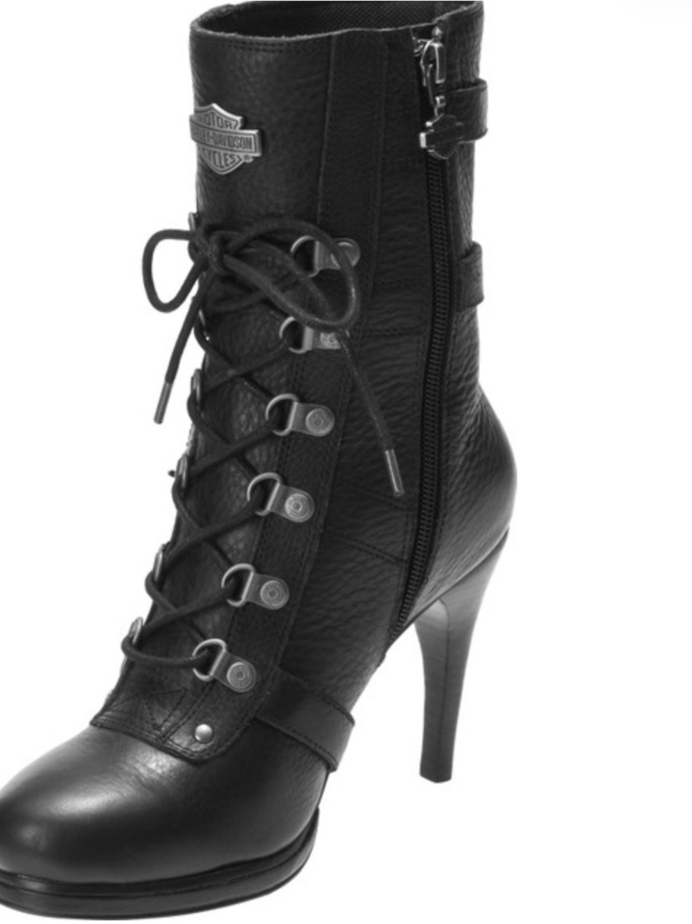 Harley-Davidson Black Lace-Up High Heel Ankle Boot with Side Zipper